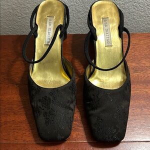 Ann Marino Black Satin Square-Toe Slingback Heels with Gold Insole